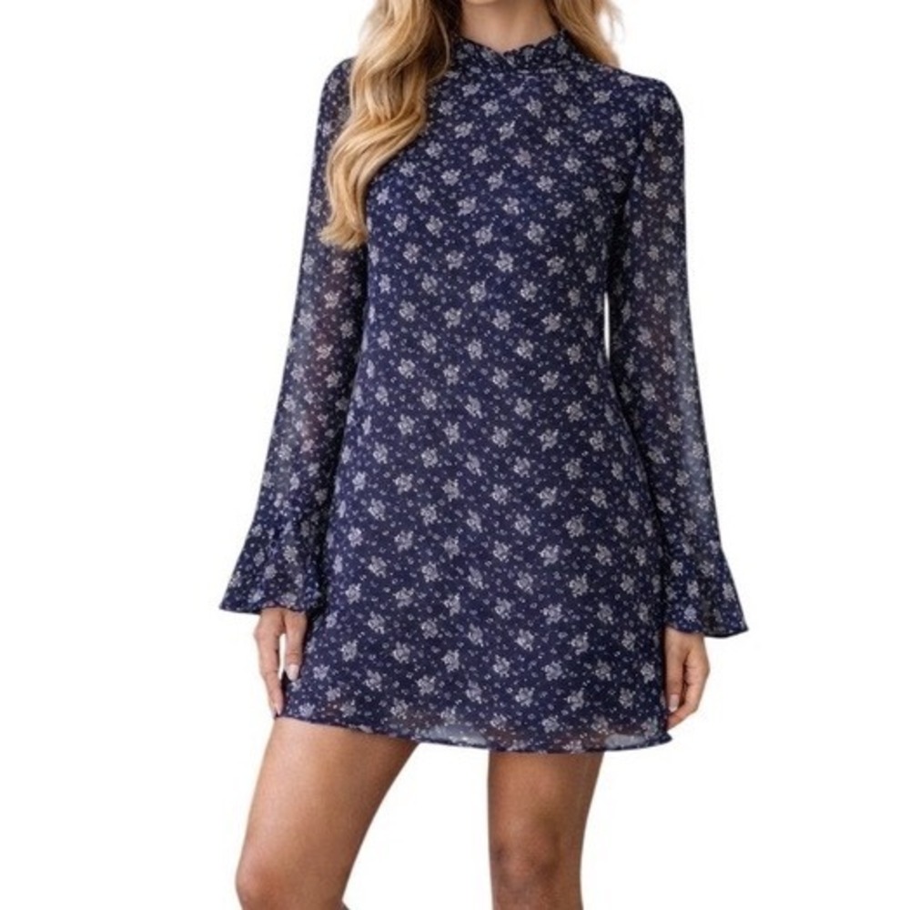 NWT Line + Dot Navy Blue Floral Flowy Chiffon Mini Dress with Mock Neck Size M